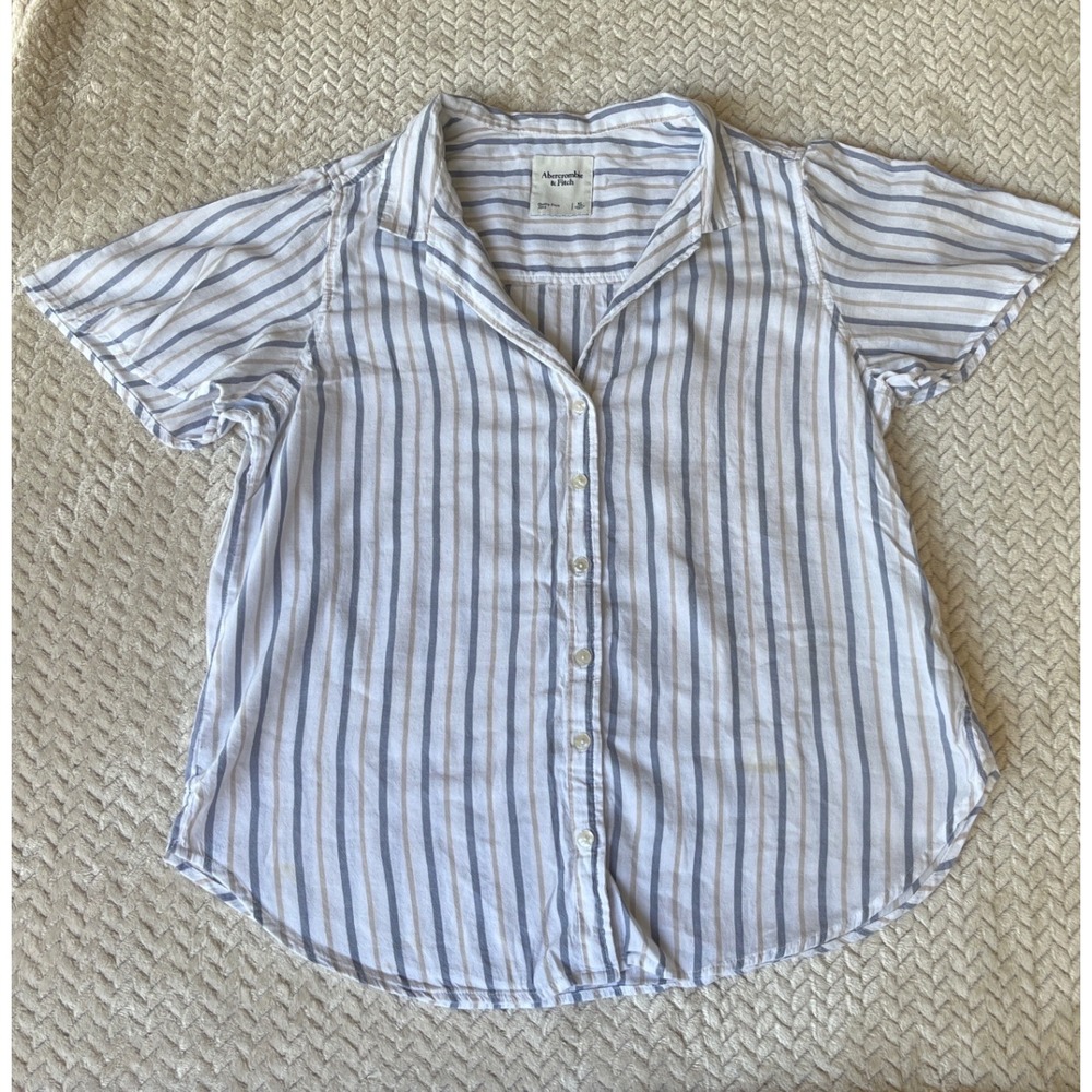 Abercrombie & Fitch Womens XL Blue Tan Striped Short Sleeve Button Down Shirt